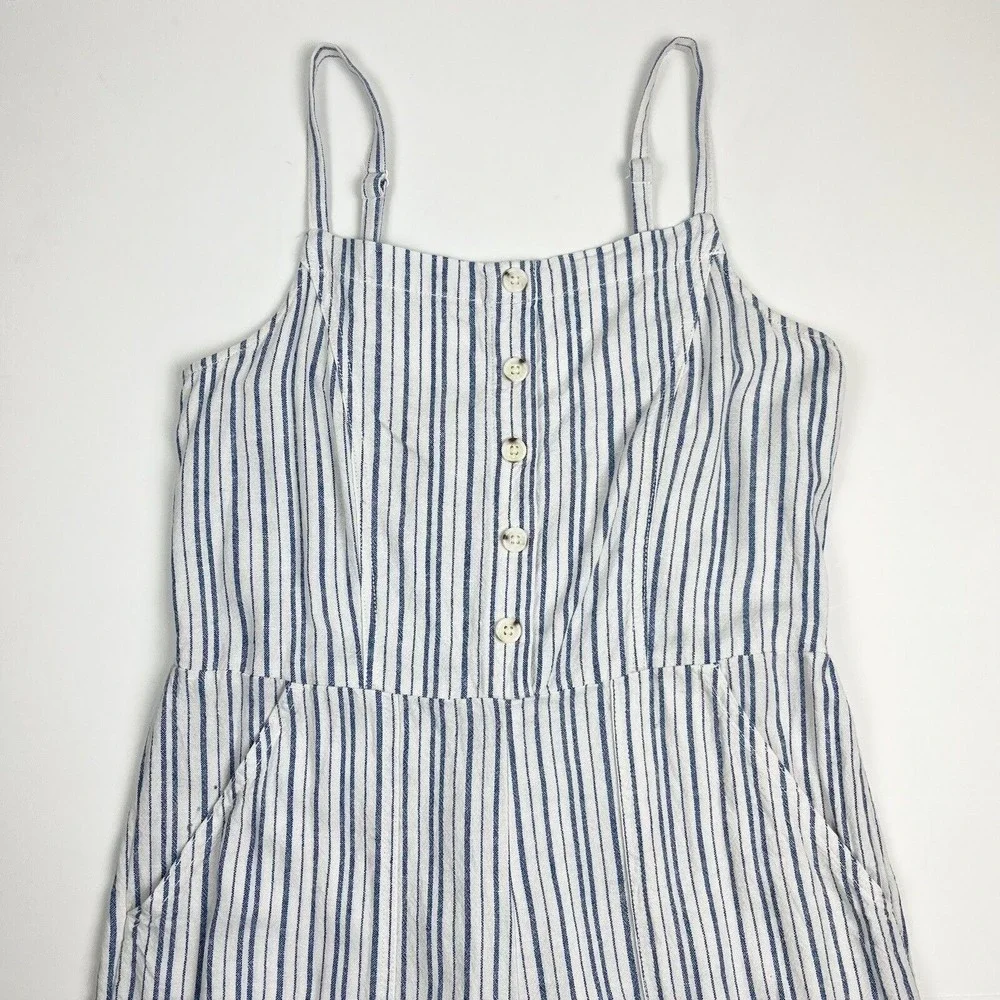 Old Navy Linen Cropped Jumpsuit Smocked Back Blue Stripe Boho Lagenlook - Picture 10 of 16